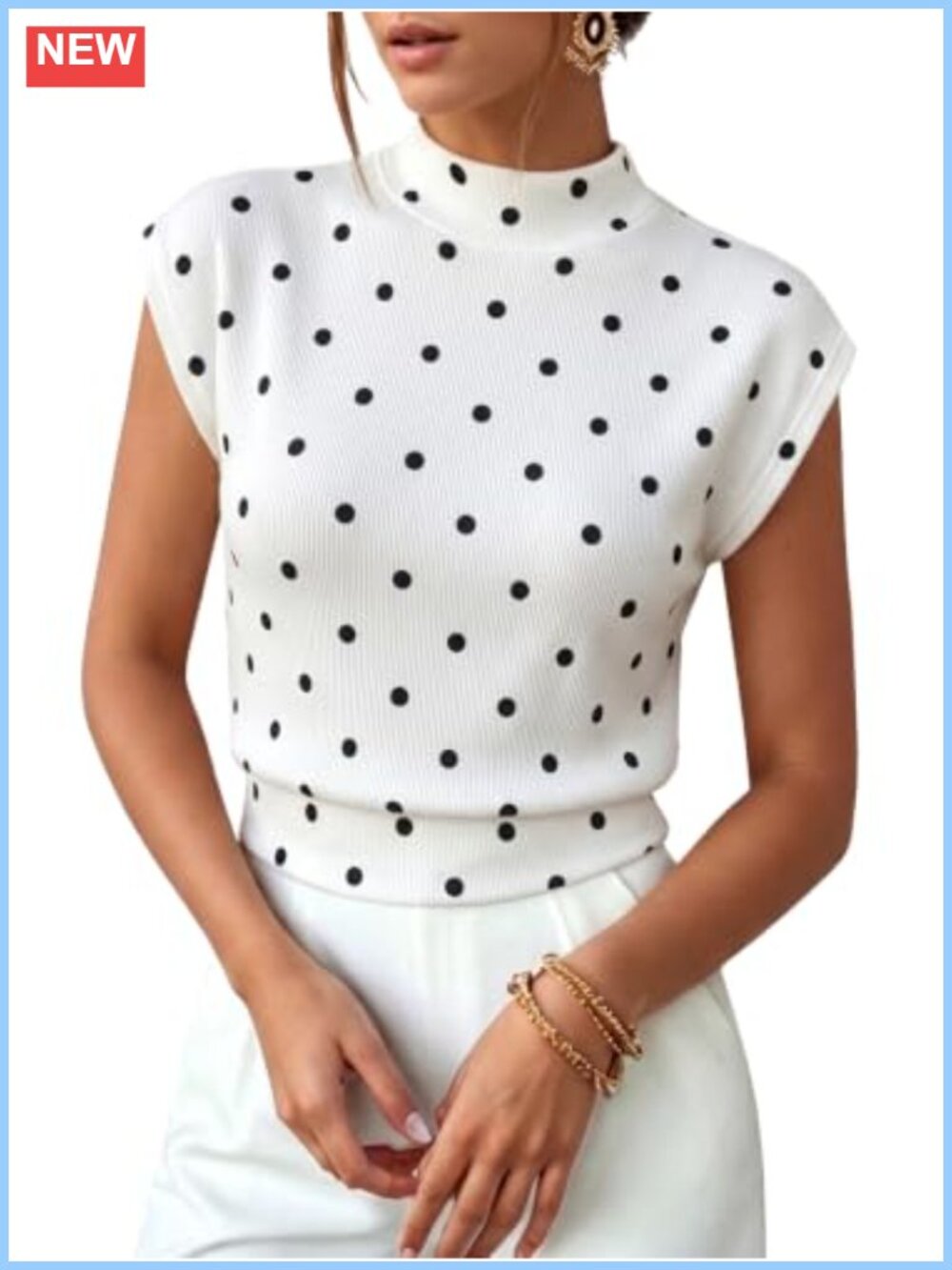 Women Polka Dot Mock Neck Cap Sleeve Knit Tank Top Pullover Shirt